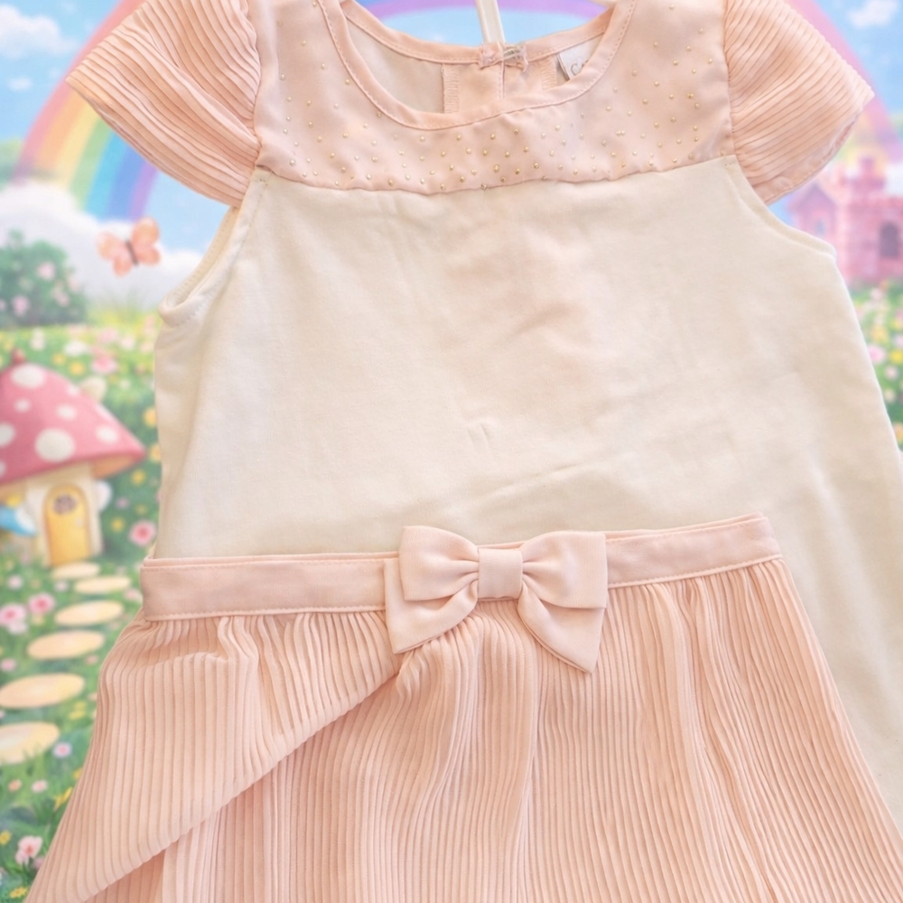 Pink Bow-Accent Pleated Formal Dress for Girls